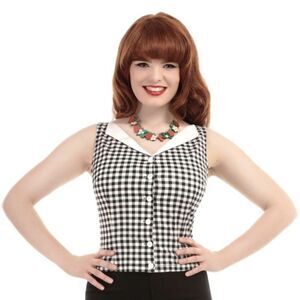 Collectif London Judy Gingham Top XL Retro Daisy Button Sleeveless Black (K02)